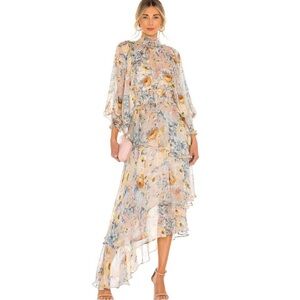 Elliatt Floral High-Neck Asymmetrical Midi Dress in Pastel Pink and Blue